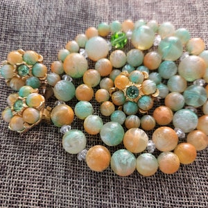 Judy Lee Lime Green and Orange Beaded Necklace and Clip-On Earrings Vintage Demi Parure Set