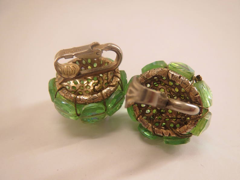 Vogue signed green beaded vintage clip on earrings