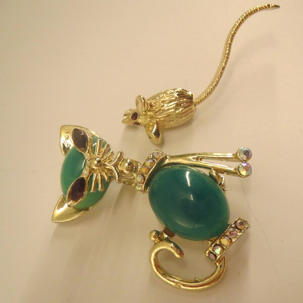 vintage siamese cat and mouse brooch set faux jade red rhinestone ab pins