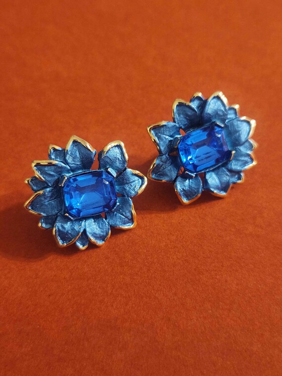 Blue Enameled and Rectangular Rhinestone Flower V… - image 14