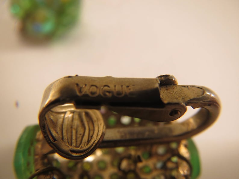 Vogue signed green beaded vintage clip on earrings