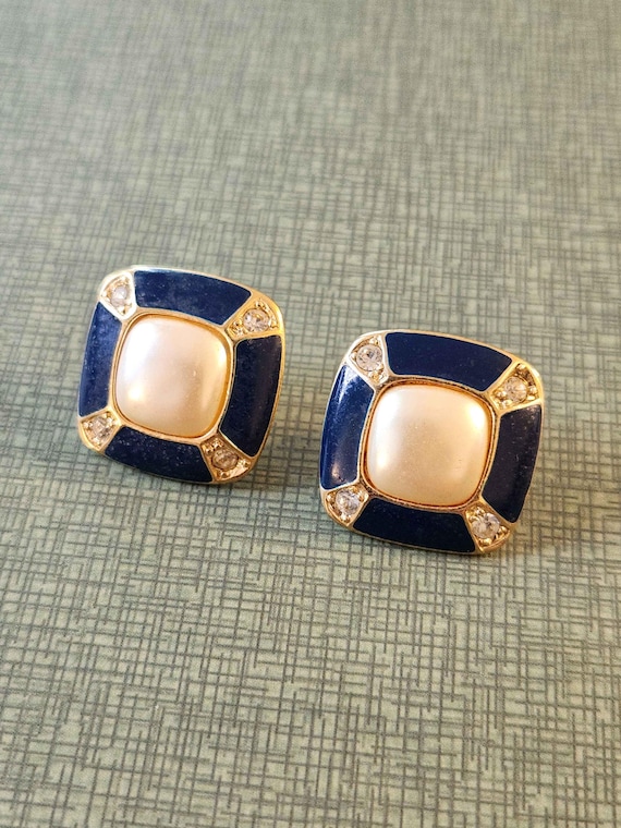Statement Square Dark Blue Enameled, Rhinestone, … - image 1