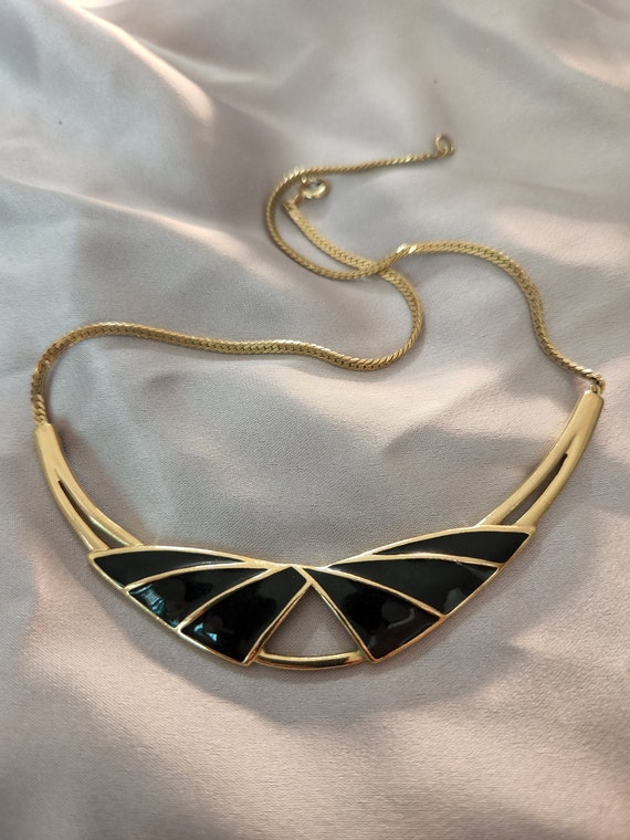 Trifari black enameled gold tone necklace vintage… - image 4