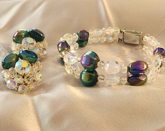 Regenbogen und klar Aurora Borealis Perlen Demi Parure Vintage Armband und Ohrclips