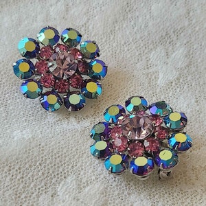 Pink and Blue Aurora Borealis Rhinestone Vintage Brooch Pin Set