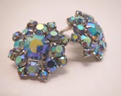 snowflake blue aurora borealis rhinestone clip on earrings vintage fashion costume jewelry
