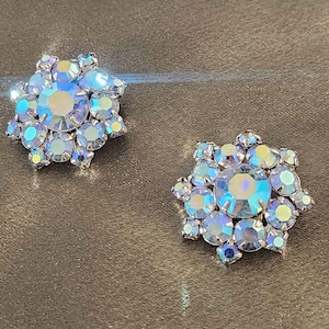 Blue Aurora Borealis Snowflake Rhinestone Vintage Clip-On Earrings