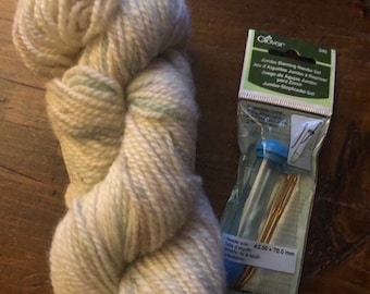 May include: A skein of cream-colored yarn with green and pink flecks, next to a package of Clover jumbo darning needles. The package says "Jumbo Darning Needles Set" and "$2.50 x 70.0 mm".