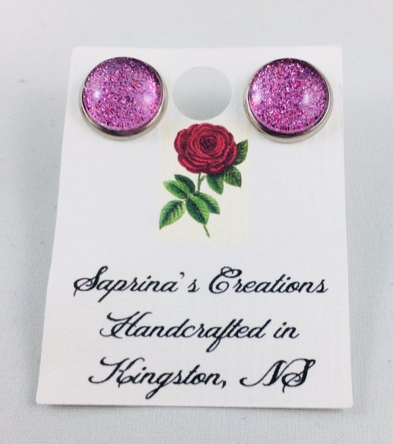 Handmade Stud Earrings Stainless Steel Glittered Princess Sparkles Unique Sparkle Pink Glitter Studs For Her Gift Glass Shimmer