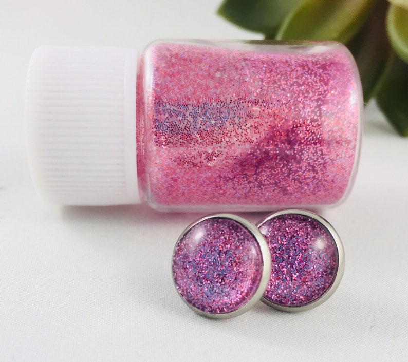 Handmade Stud Earrings Stainless Steel Glittered Princess Sparkles Unique Sparkle Pink Glitter Studs For Her Gift Glass Shimmer
