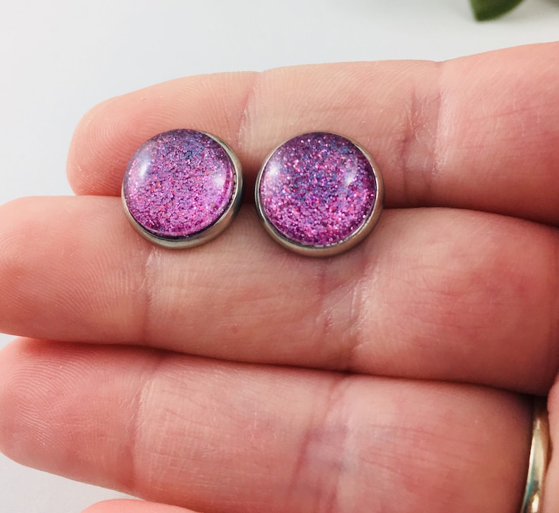 Handmade Stud Earrings Stainless Steel Glittered Princess Sparkles Unique Sparkle Pink Glitter Studs For Her Gift Glass Shimmer