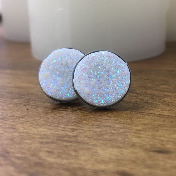 Druzy, Earrings, Studs, White, Glitter, Sparkle, Iridescent, Drusy, Resin, Wedding, Bride, Bridal, Bridesmaid, Gift For Her, 12 mm, Gifts