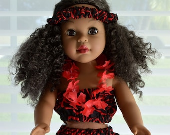 18" Doll Hula Hawaiian Dress Outfit; Red Lehua Flower Floral on Black Dress with Red Silk Lei.