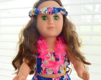 18" Doll Hula Hawaiian Dress Outfit with Lei for Birthday, Christmas Gift.