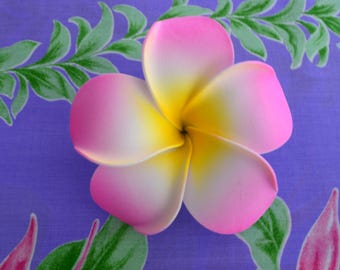 May include: A pink and white plumeria flower with a yellow center. The flower is on a purple background with green leaves.