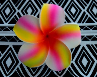 White with Pink and Yellow Striped Plumeria Hair Flower Clip; Hawaiian Plumeria Flower, Hair Flower, Foam Plumeria, Handmade in Hawaii