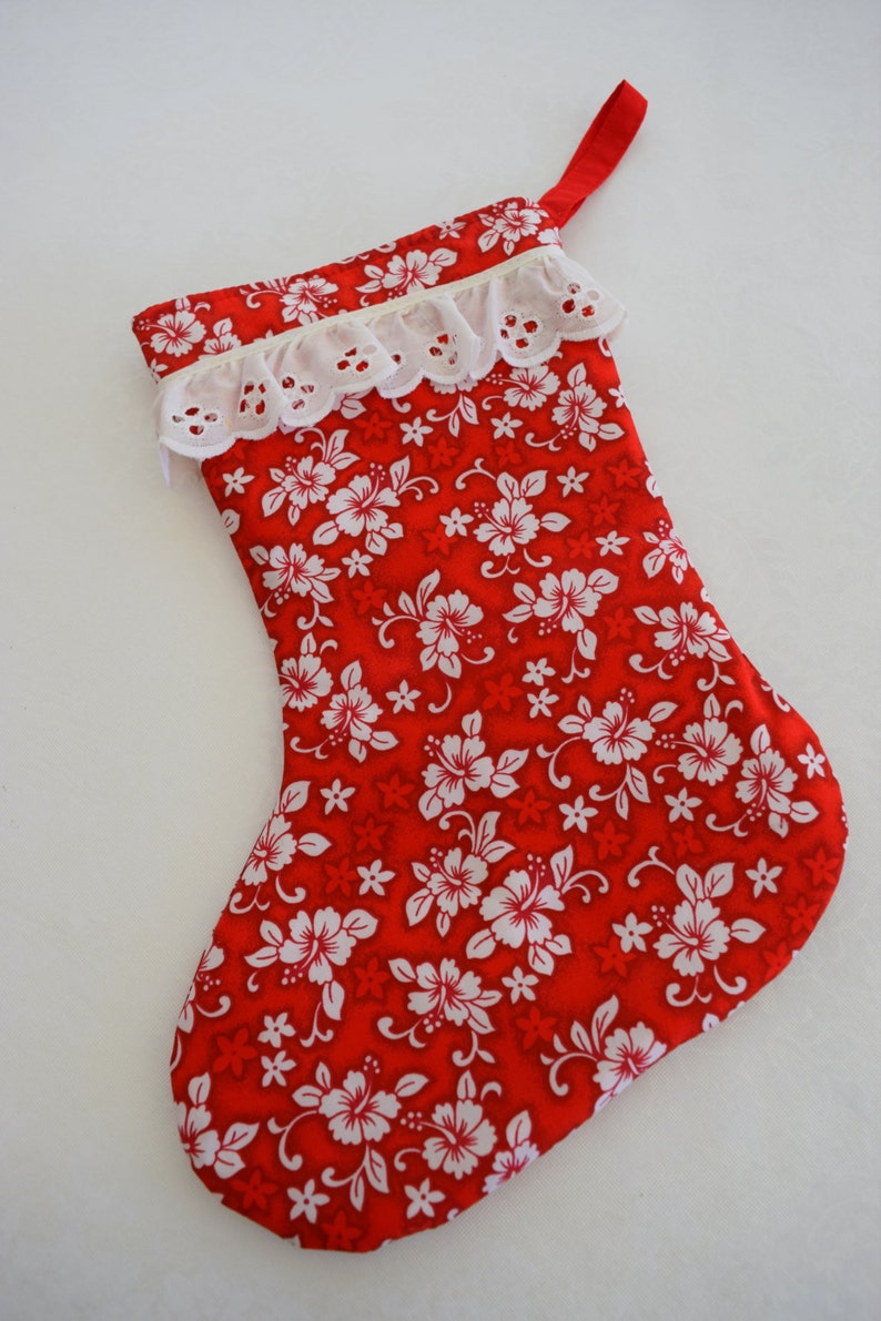 Christmas Stocking; White Hibiscus /& Red Plumeria Hawaiian Style Christmas Stocking with White Eyelet Ruffle Trim.