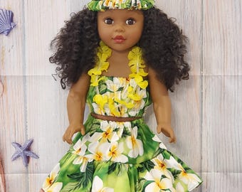 18" Doll Hula Hawaiian Dress Outfit with Lei for Birthday, Christmas Gift.