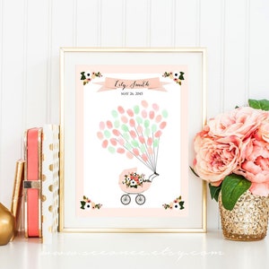 Floral Pram Fingerprint Guestbook, Baby shower gift, baby stroller Birthday Thumbprint Guestbook Alternative Digital file printable