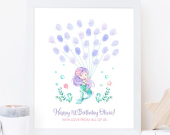 Chalkboard Mermaid Party Blue Purple Signature Mat Digital Birthday Board Wishes Personalized Guest Book Mermaid Birthday