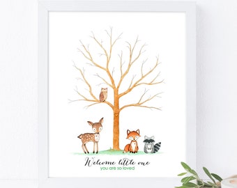 DOWNLOAD ISTANTANEO Woodland animali guestbook, Baby shower Fingerprint guestbook, Thumbprint guest book File digitale Stampabile 8x10, 11x14