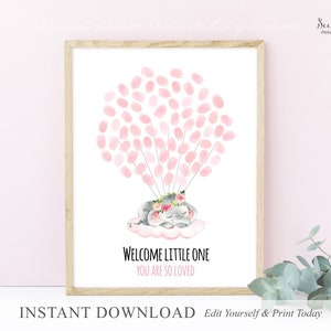 INSTANT DOWNLOAD Editable Pink elephant guestbook alternative, Baby shower guest book poster, fingerprint balloon birthday gift Digital file