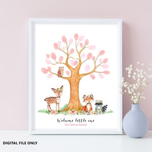 woodland animals baby shower fingerprint tree guestbook, forest animals birthday thumbprint guestbook, baby shower gift, girl birthday gift