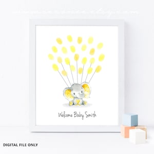 Yellow Elephant Guestbook Digital file Printable, Gender neutral Baby shower guest book, Fingerprint poster, Birthday Thumbprint guestbook