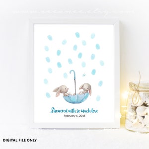 Hase Daumenabdruck Gästebuch, Baby Shower Gästebuch Fingerabdruck Poster, blaues Kaninchen Geburtstagsgeschenk digitale Datei druckbare Regenschirm Gästebuch