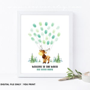 Moose birthday guestbook, Moose Baby shower guest book alternative, mom to be gift, Neutral baby gift, Forest thumb print art Digital file
