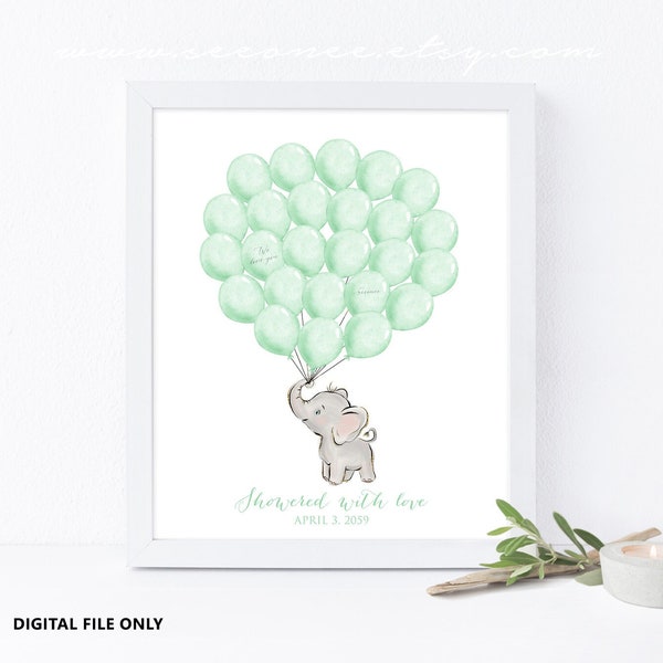 Mint Elephant Balloon Guestbook, Elephant baby shower guestbook, sign in balloon, Elephant birthday guestbook alternative Digital file