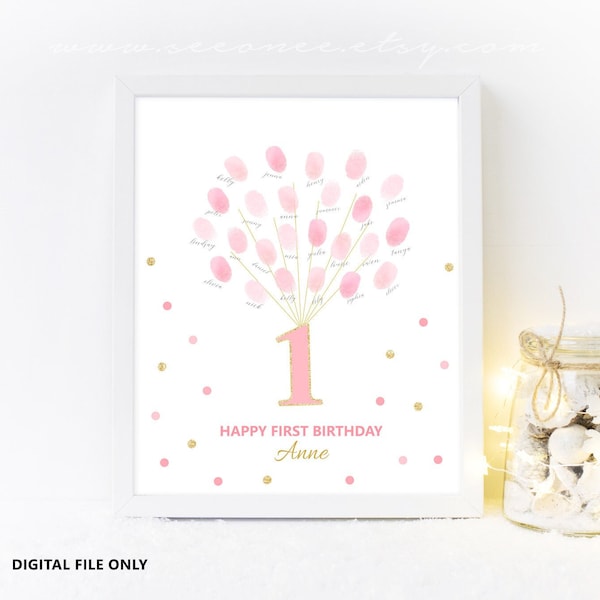 Pink Gold Birthday Number lifted Guestbook alternative, One theme First Birthday Guestbook, Two Birthday Fingerprint poster Digital file