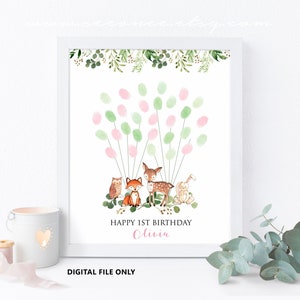 Woodland Baby shower Libro degli ospiti, decorazioni per feste di compleanno di Woodland, libro degli ospiti con impronte digitali della foresta, poster di volpe di gufo di cervo coniglio File digitale