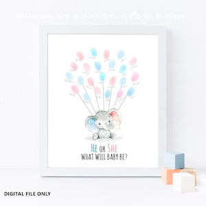 He or She Gender Reveal Guestbook, Elephant Baby shower Guest book, Fingerprint Poster, Thumbprint Balloon, Boy or Girl Game Printable