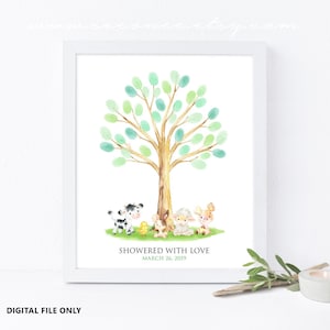 Tiere vom Bauernhof Babypartygästebuch, Kuh, Schwein, Schaf, Hase, Küken Abdruckbaum Gästebuch, Geburtstag vom Bauernhof, Partygästebuch Digitale Datei