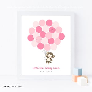 May include: A printable baby shower guest book with a pink and white color scheme. A monkey holding pink balloons with circles for guests to sign their names. The text reads "Welcome Baby Wood, April 1, 2036".