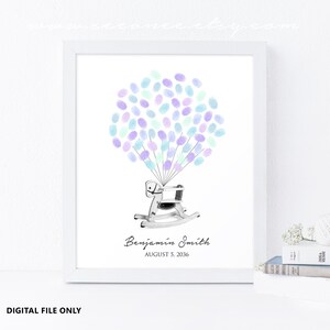 May include: A framed print featuring a rocking horse with a cluster of pastel-colored fingerprints resembling balloons. The print includes the name "Benjamin Smith" and the date "AUGUST 5, 2036". The text "DIGITAL FILE ONLY" is at the bottom.
