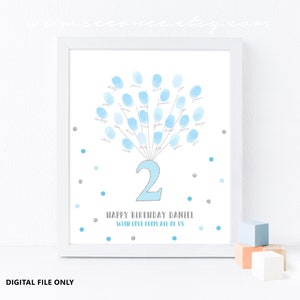 Silver Number lifted Fingerprint guestbook, Number Birthday thumbprint guest book poster, Birthday balloon gift Digital file printable