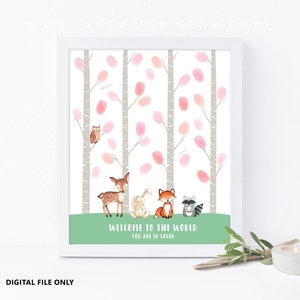 Alternativa al libro de visitas de Woodland, Libro de visitas de baby shower, Árbol de huellas dactilares, Póster de huellas digitales, Regalo de libro de visitas de cumpleaños de bebé Archivo digital