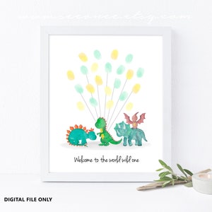 Dinosaurier-Gästebuch Fingerabdruck-Poster, Geburtstags-Fingerabdruck-Gästebuch, digitale Datei zum Ausdrucken, Baby-Duschegeschenk, Dinosaurier-Kinderzimmer-Kunstgeschenk