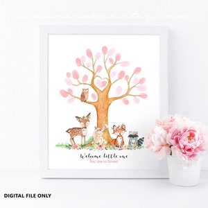 Libro degli ospiti degli animali del bosco, alternativa all'albero delle impronte digitali della doccia per bambini, file digitale del libro degli ospiti delle impronte digitali dei boschi di compleanno, regalo per la doccia per bambini