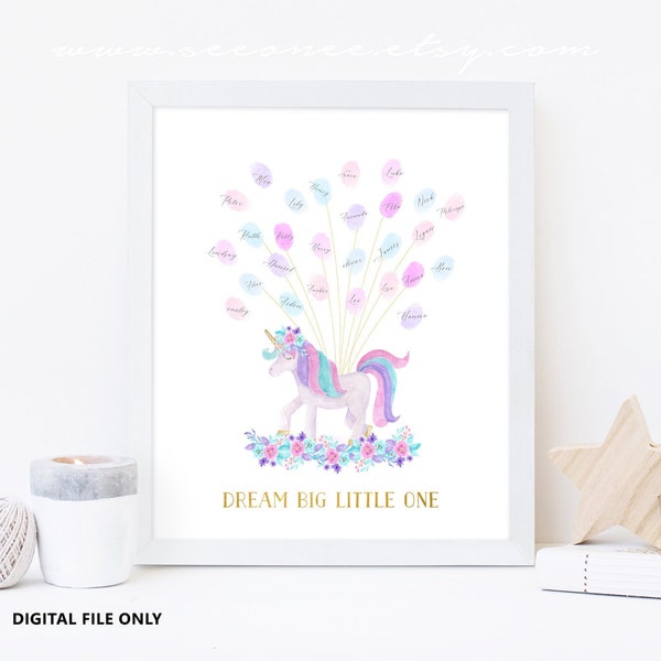 Unicorn fingerprint Guestbook, Birthday thumbprint poster, unicorn birthday gift, unicorn theme baby shower gift, digital file printable