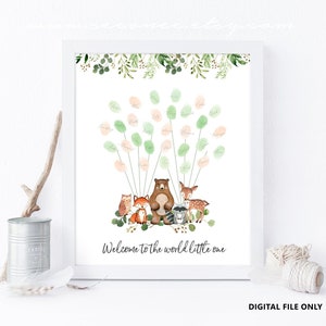 Libro degli ospiti di compleanno di Woodland, libro degli ospiti di impronte digitali Woodland Baby shower, regalo per baby shower, poster di impronte digitali della foresta verde File digitale
