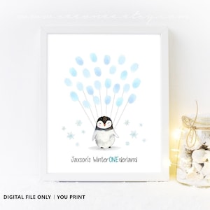 Inverno Onederland Livro de visitas com impressão digital para decoração de aniversário de bebê, livro de assinaturas para chá de bebê de pinguim, pôster com impressão digital, arquivo digital para impressão