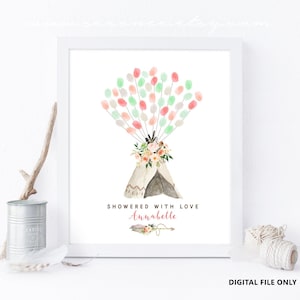 Tribal Teepee tent Fingerprint guestbook, boho Thumbprint guestbook alternative, wedding gift, birthday, baby shower gift, Digital file DIY