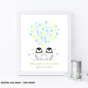 Libro de visitas de baby shower de Penguin Baby twins, regalo de libro de visitas de cumpleaños de Penguin twin, arte de huellas dactilares, póster con impresión del pulgar Archivo digital imprimible