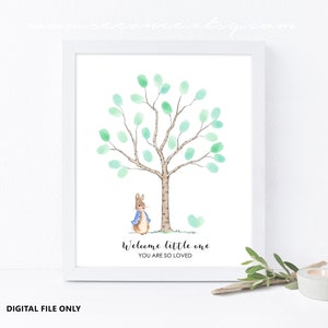 Libro degli ospiti dell'acquazzone del bambino del coniglio, libro degli ospiti dell'albero delle impronte digitali del coniglio di Peter, regalo di compleanno dell'impronta digitale del coniglietto, file digitale del regalo ricordo del bambino