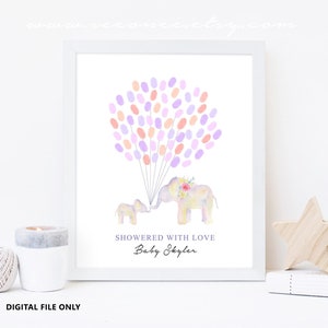 May include: A printable baby shower guest book featuring two watercolor elephants with purple, pink, and orange balloons. The text reads "Showered with Love Baby Skyler".