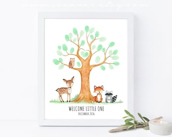 Waldtiere Baby Shower Fingerabdruck Baum Gästebuch Zeichen, Waldtiere Geburtstag Fingerabdruck Gästebuch, Baby Shower Geschenk, DIGITALDATEI