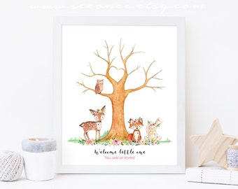 INSTANT DOWNLOAD Flower Woodland Animals Baby shower Vingerafdruk Gastenboek 8x10, 11x14 Vingerafdrukboom Afdrukbaar digitaal bestand moeder als cadeau